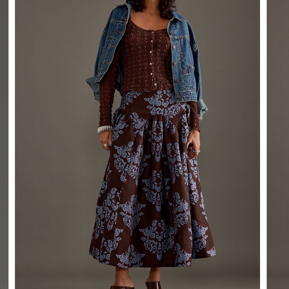 By Anthropologie Brocade Midi Elegant Brown Patterned Skirt NWT 2P - Picture 3 of 16